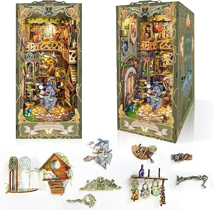 DIY Book Nook Kit, DIY Miniature Dollhouse Kit for Adults and Teens, Book Nook Bookshelf Insert Decor 3D Wooden Puzzle Bookend Miniature Kit with Sensor Light Creative Craft (Green Fairyland)