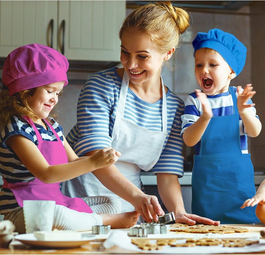 8 Set Kids Apron and Chef Hat Set Kids Apron with 2 Pockets Adjustable for Boys Girl's Cooking Baking Painting (Multi-Color,S for 2-6 Age)