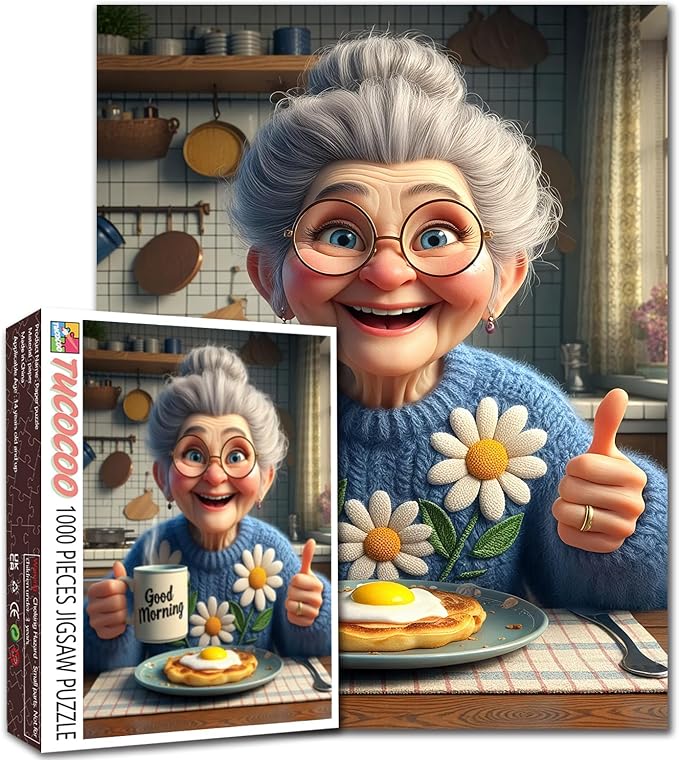 Happy Grandma Jigsaw Puzzles for Adults Granny's Breakfast 1000 Pieces Puzzles for Challenging Family Activity Games Sunshine Kitchen Art Jigsaw Puzzle DIY Craft Puzzles Home Decor 20x27 Inches