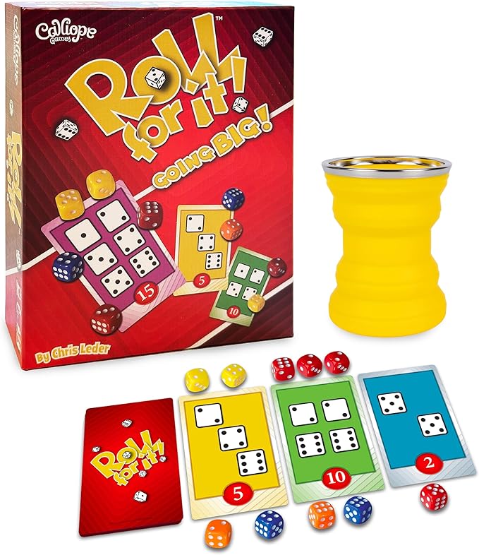 Calliope Games Roll for It Going Big - Fast-Playing Family Dice Game with Big Oversized Cards and Dice, Retirement Party Games, Fun Family Games for Travel, Parties, and Game Night - Red Edition