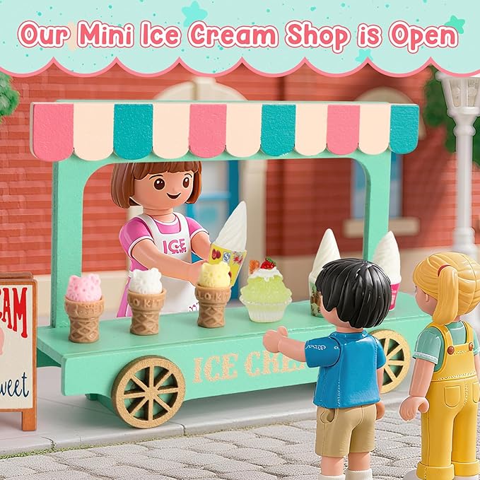 Mini Ice Cream Toy Sets for Play Kitchen - Miniature Food Truck with Wooden Cart, 7 Smoothies, Cones & Drink Bottles for Dollhouse Decor, Food & Accessories, Role Play Birthday Gift for Girls & Boys