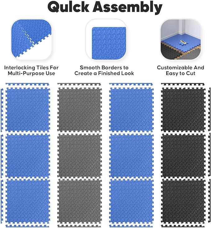 Home Gym Mat, Puzzle Exercise Mat, EVA Interlocking Foam Floor Tiles for Home Workout Equipment and Kids' Play Areas - Black, 24 in x 24 in x ½ in - 24 Tiles (Black, 24 Pack, 96 SQ FT)