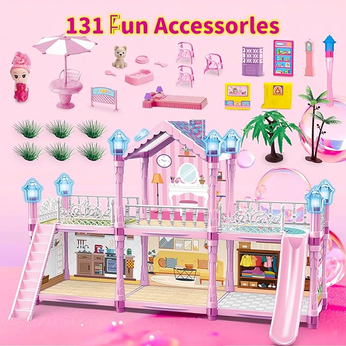 Doll House for Girl with 1 Princess, 2 Floors -4 Rooms, 131 Accessories Includes Dog and Furnitures, Design and Build Gift for 3 4 5 6 7 8+ Year Old Girls (Pink)
