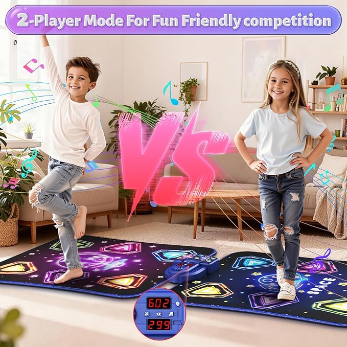 Dance Mat Toys for 3-12 Year Old Kids, Kids Dance Mat with Light-up 12-Button Bluetooth & 6 Modes, 2 Player Electronic Dance Pad Toys, Birthday Xmas Gifts for 3 4 5 6 7 8 9 10+ Year Old Girls Boys