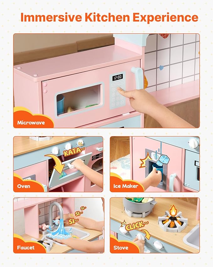 VEVOR Wooden Play Kitchen Toy, Play Kitchen for Kids with Lights and Sounds, Toddler Kitchen with Ice Maker, Oven, Sink, Microwaves, Fridge and Utensil and Fruit Accessory for Toddlers Ages 3-8, Pink