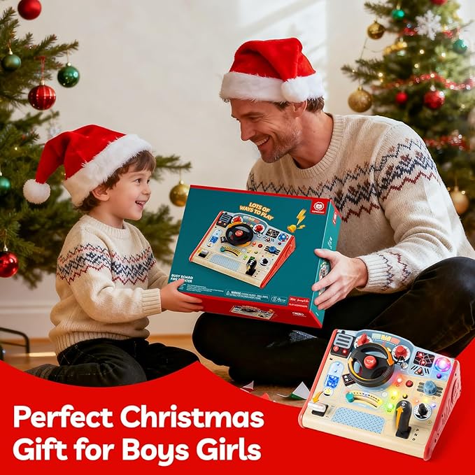 TOP BRIGHT Busy Board with LED Light, Sensory Toys with Sounds & Switches, Montessori Wooden Toys for 3 4 5 Year Old, Car Driving Toy for Toddler Boy, 3 Year Old Girl Boy Gifts for Birthday Christmas