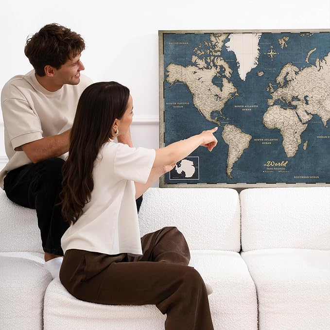 Canvas World Map with Cork Pin Board - English Lettering - Decorative Wall Decoration for All Rooms - Canvas Pictures with World Map Motif (150x100 cm, Pattern 18)