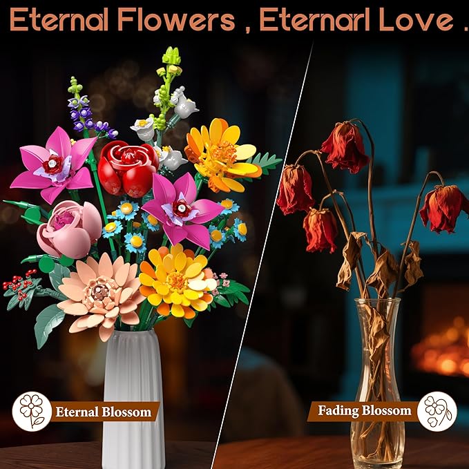 Flowers Bouquet Building Set, 887 Pcs with Flower Artificial Roses for Home Office Decoration, Gift for Mother's Day, Valentine's Day and Kids 6+/Adults Birthday