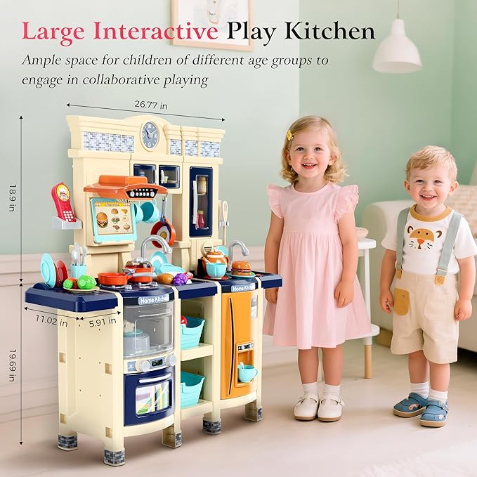 [2025 Upgraded] Kitchen for Kids & Toddlers Play Kitchen Set with Tablet Ordering, Music, Lights & Sounds, Steam Stove & Boiling Bubbles, Oven Dings, Faucet & Dishwasher,Easy-Install,Life Skills(Blue)