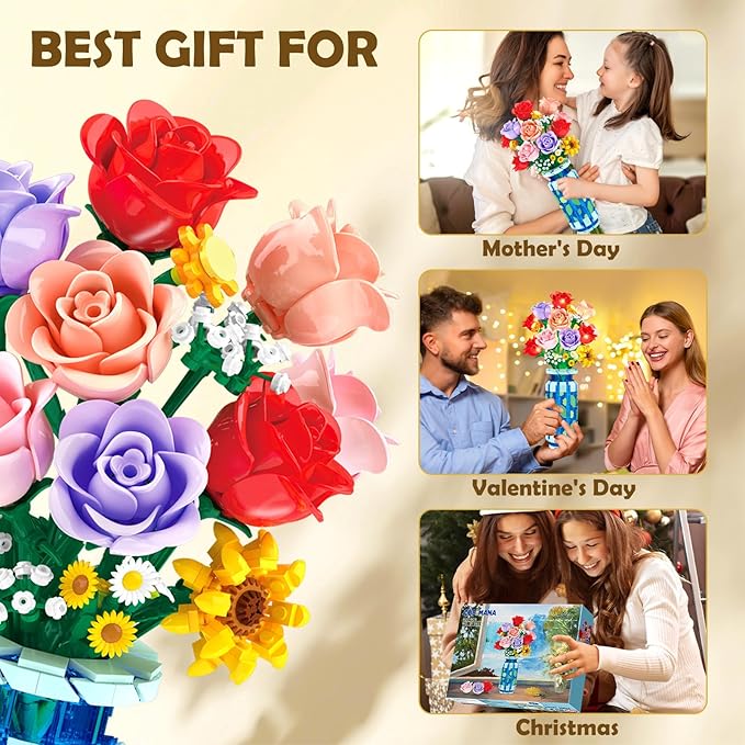 Roses Flowers Building Set with Vase & LED Light, Mother's Day 16 Mini Flowers Bouquet Botanical Building Blocks Toy, Birthday Gifts for Adults, Artificial Flowers for Home Decor & Display