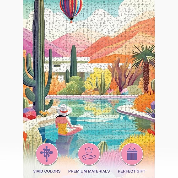 Cross & Glory Jigsaw Puzzles 1000 Pieces - Blossoming Desert: Poolside Paradise - 1000 Piece Landscape Puzzles for Adults | Vibrant Colors | Desert Cactus Succulent | 20x27 Inches | Adult Challenge