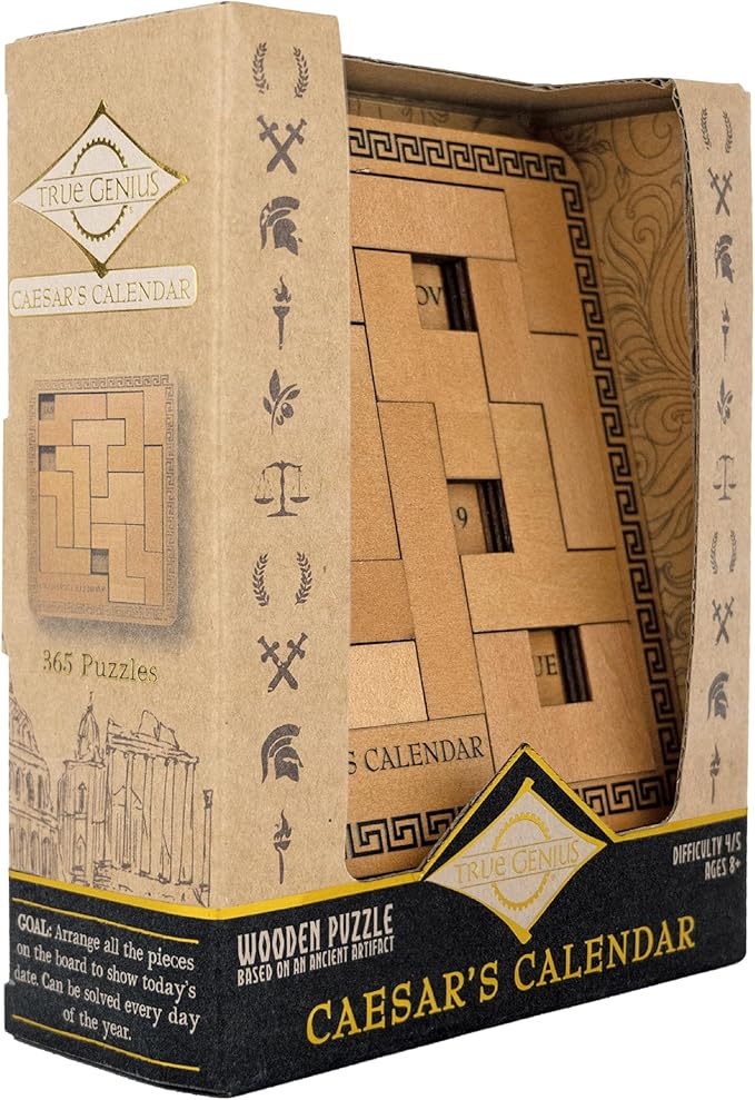 Project Genius Caesar's Calendar Wood Puzzle-A-Day Challenge, 365+ Solutions, Brainteaser Gift for Adults and Kids 8+, True Genius Office Desk Calendar Inspired by Roman Artifact