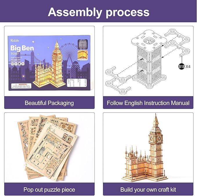 Rolife 3D Wooden Puzzles for Adults Big Ben -220 Pieces 3D Puzzle Wood London Architecture Model Craft Kits Birthday Gift for Teens/Adults Desk Decor