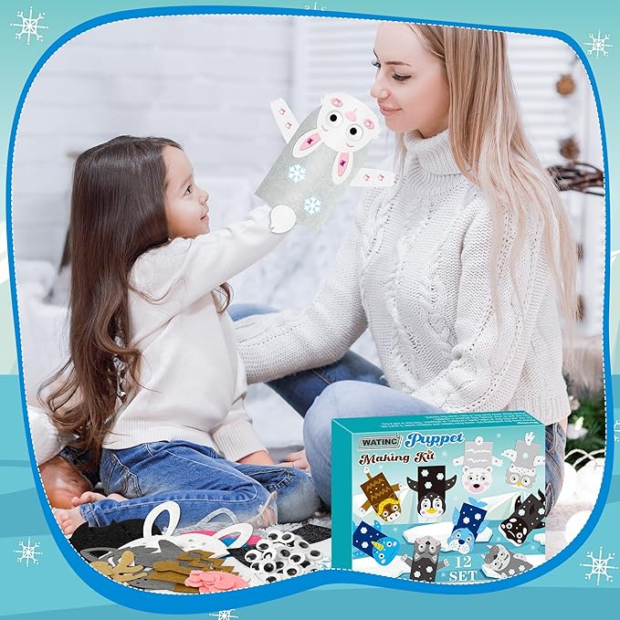 WATINC 12 Pcs Hand Puppet Making Kit, Art Craft Felt Sock Puppet Toys, Creative DIY Make Your Own Pompoms Wiggle Googly Eyes Storytelling Role Play Party Supplies Gift for Girls Boys (Polar Animals)