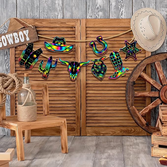 Hungdao 80 Pcs Western Cowboy Scratch Cards for Kids Colorful Rainbow Cowboy Scratch Paper Art with Wooden Stylus for Western Theme Birthday Party Classroom DIY Activities (Classic Style)