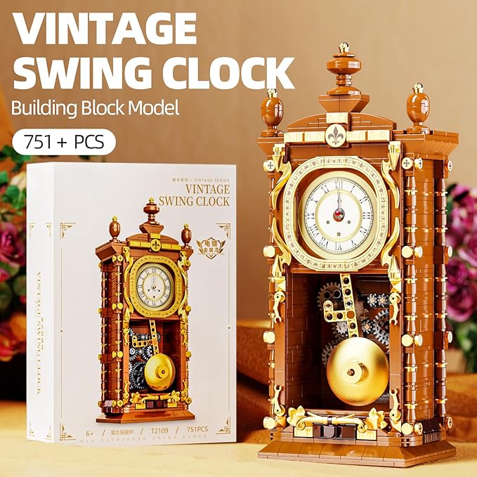 Retro Pendulum Clock Building Block Set,A Toy with Real Clock Function and Linked Mechanical Pendulum,Better Gift for Adults Teens Kids