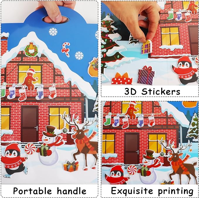 Winter 3D Puffy Sticker Play Set Xmas Activity Book for Kids Toddlers 2-4 Toys Sticker Merry Christmas Holiday Party Supplies 100 Reusable Puffy Window Decals 2 Fold-Out Christmas Scenes