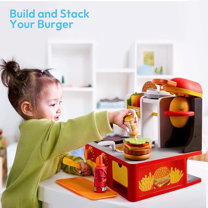 Restaurant Play Set Toy - 40+ PCS Fast Food Playset with Potato Cutter, Simulated Frying Effect & Lights, Order, Card & Drink Station - Interactive Role Play Toy Birthday Gift for Boys Girls