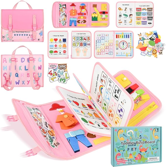 Busy Board Montessori Toys for Toddler,Busy Book - Sensory Preschool Learning Activities Educational Toys with Fine Motor Skills,Gift for Boys Girls,Travel Essentials for Plane Car (Pink)