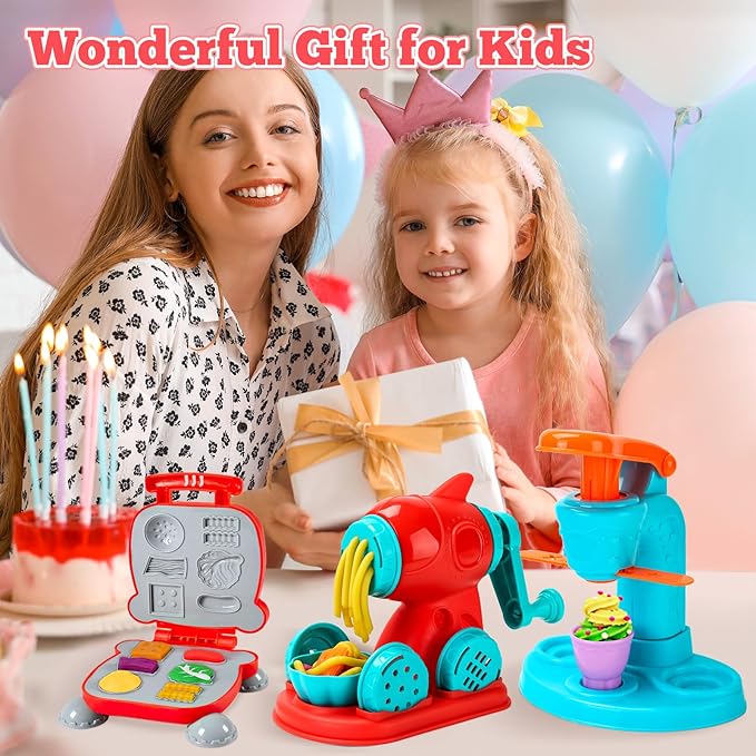 3 in 1 Dough Sets 59 PCS for Kids Ages 4-8, Dough Tools Kit with Ice Cream Noodle Hamburger Maker Machine, Kitchen Creations Art Crafts Food Play Toys for Boys Girls Kids Toddlers Ages 3+