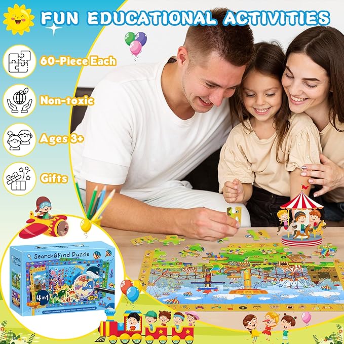 4 Pack Search and Find Puzzles for Kids Ages 4-6 6-8 8-10, Space Forest Ocean Amusement Park Kids Puzzles, 60 Pieces Jigsaw Puzzle for Adults Kids Learning Puzzle Toys Gifts for Girls Boys(14x10 inch)