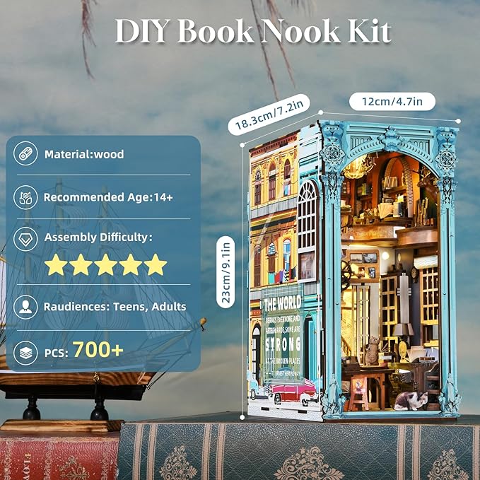 𝗠𝗶𝗻𝗶𝗖𝗶𝘁𝘆 Book Nook Kit, DIY Miniature Dollhouse Booknook Bookshelf Insert Decor, 3D Wooden Puzzles with LED Light for Teens and Adults(Hemingway House)