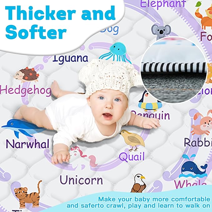 Baby Play Mat，Thick Soft 71" X 79" Playpen mat, Non-Slip and Machine Washable Baby Play Mats for Floor，Crawling Mat for Babies, Toddlers & Infants to Play and Learn (Purple Animal)