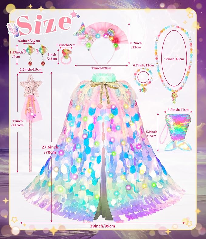 Princess Dress Up Toys Princess Dress Up Clothes Rainbow Mermaid Cape Kit 9 Pcs Gift Set for Little Girls 3-8 Years