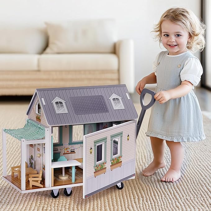 ROBOTIME Doll House, Wooden Dollhouse with Wheels for Girls, Pretend Play RV Set Dollhouse Moveable with 10+Pcs Furniture Accessories, Gift for Kids Ages 3+