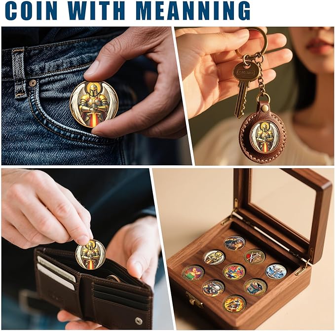 St Benedict Coin & Angel Warrior Metal Token Set - Christian Religious Medallion with Latin Prayer & Fantasy Archangel Design