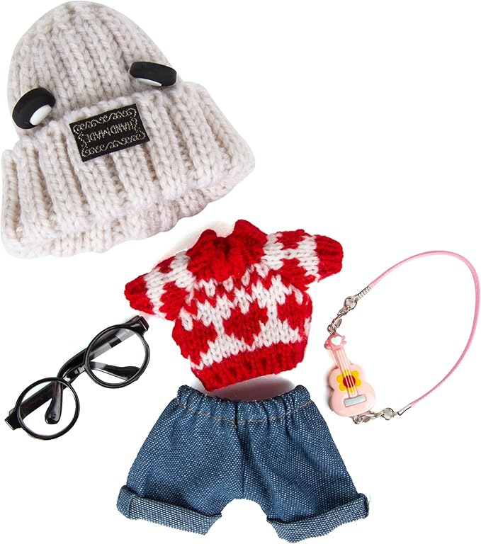 5 Pieces Doll Clothes for Labubu - Kawaii Chic Style Set for 17cm Dolls, Cute Doll Outfit with Accessories - Grey Bear Ears Hat + Red Sweater + Blue Jeans + Glasses + Small Guitar (Clothes Only)