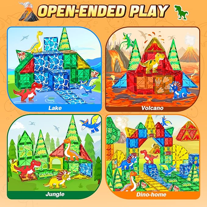 Magnetic Tiles Dinosaur Toys for Kids 3-5 4-8 Magnet Building Blocks Toddler Toy - Dino World Magnetic Toys STEM Creative Games Christmas Birthday Gifts for 3＋ Years Old Boys Girls