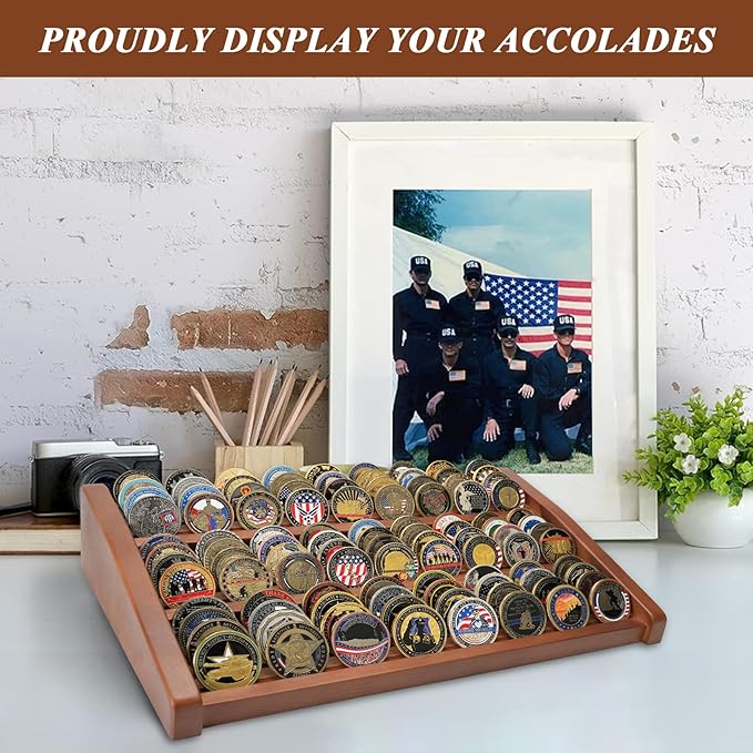 Challenge Coin Display Holder, 12 Rows Solid Wood Military Coin Stand Holds 80-100 Coins, Army Coin Display Rack for Desk (Walnut Finish)