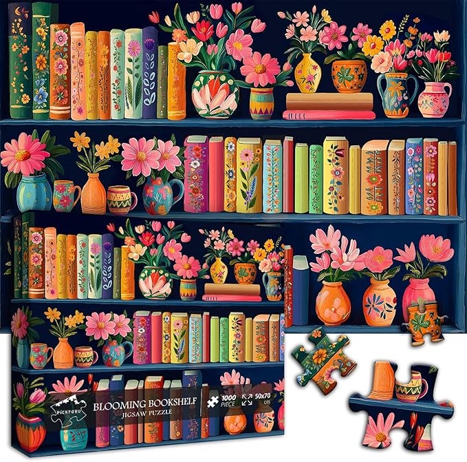 Blooming Bookshelf Jigsaw Puzzles 1000 Pieces, PICKFORU Wildflower Pages Puzzle, Plant Floral Flowers Books Literary Themed, Colorful Art Library Impossible Challenging Puzzles for Adults