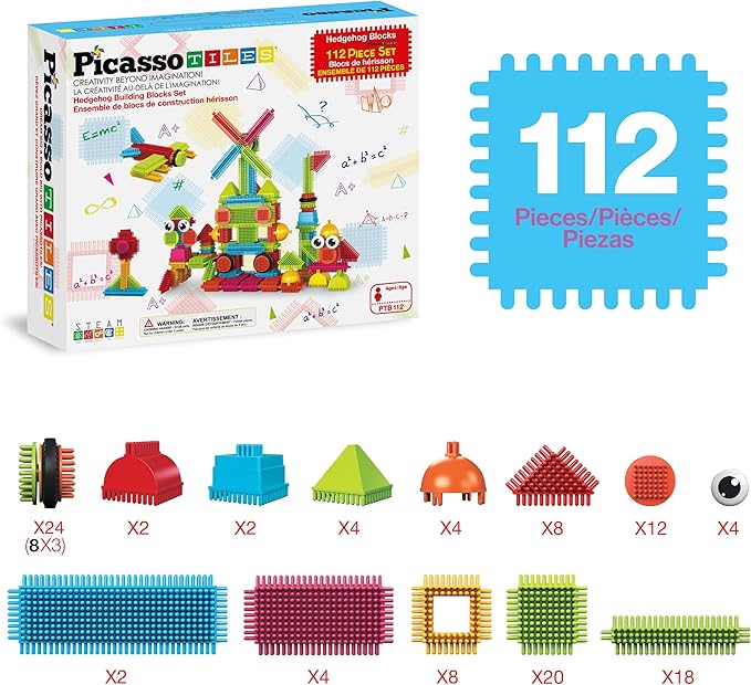PicassoTiles Toys 112 Piece Hedgehog Blocks STEM Building Tiles Set Construction Learning Toy Stacking Interlock Block, Creativity Beyond Imagination, Inspirational, Recreational, Educational PTB112