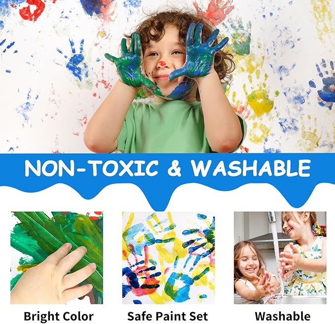 ABEIER Washable Finger Paint Kit for Toddlers, 12 Colors with Paint Tools, Safe Non-Toxic, Baby Safe Paint for Hand and Feet, Mess Free Art Supplies for Kids, DIY Crafts, Kids Gifts, Ages 3+