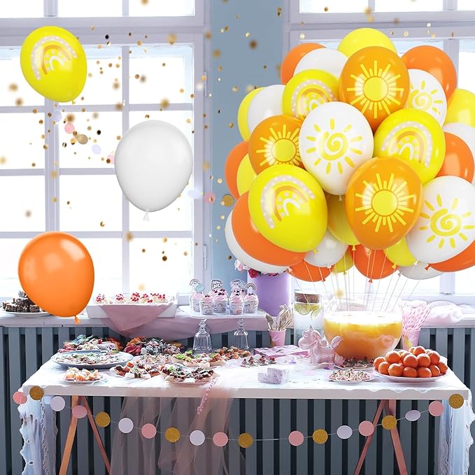 FEYG Sun Balloons, 12 inch Yellow Orange White Latex Balloons Boho Rainbow Sunrise Printed Latex Balloons Half Sun Sunshine Balloons for Sun Party Birthday Baby Shower Decoration Supplies