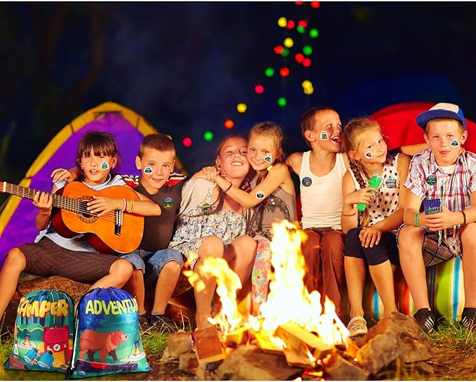 Zhanmai 140 Pcs Fall Camping Party Favors Gifts Silicone Bracelets Stickers Camping Keychain Badge Camouflage Pencils Spiral Camp Adventure Theme Notepads Happy Drawstring Bags Mini Flashlight for Kid