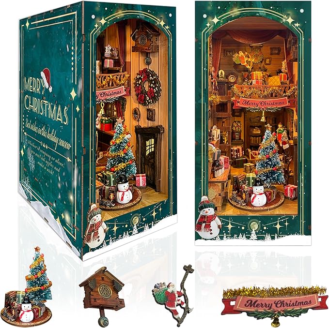 DIY Book Nook Kit - Christmas Wooden Miniature House Kit Rotating Decor, Gift for 14+ Dollhouse Kit - Jingle Cabin (SQ-34)