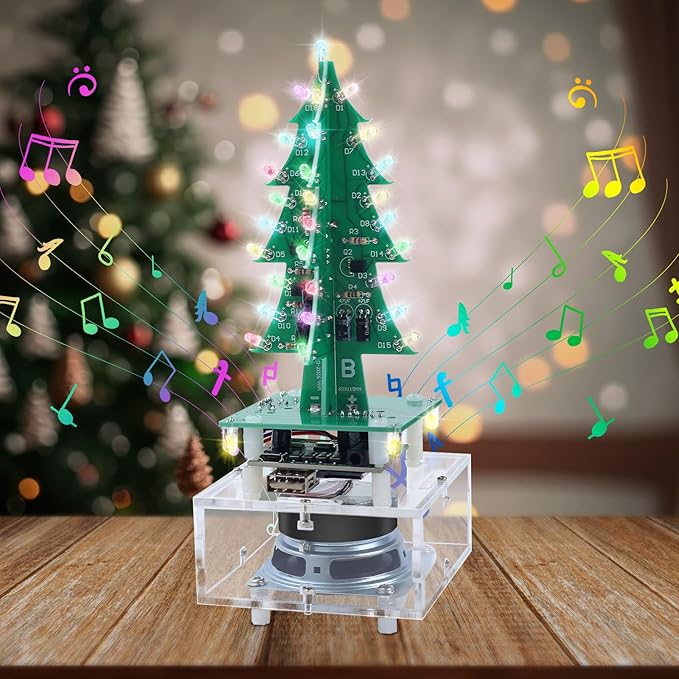 Christmas Tree Soldering Kit, Icstation 3D Xmas Tree Soldering Project Bluetooth-Compatible U-Disk/AUX/TF Music DIY Soldering Practice Kit with LED Lights