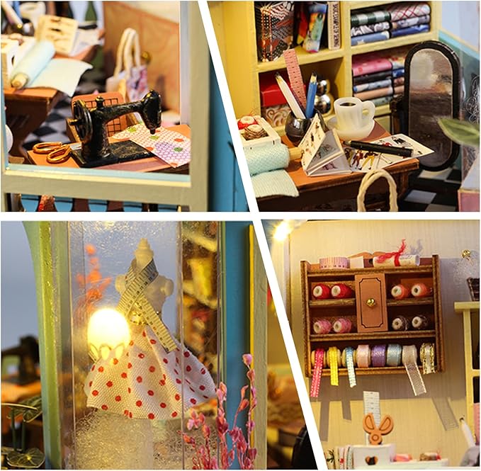 DIY Miniature House Kit,Tailor Shop Dollhouse Miniature Kit with LED & Furniture,Mini Diorama House Building Kit for Adults,3D Wooden Craft Tiny House Mini Model Kit,Home Decor Family Birthday Gifts