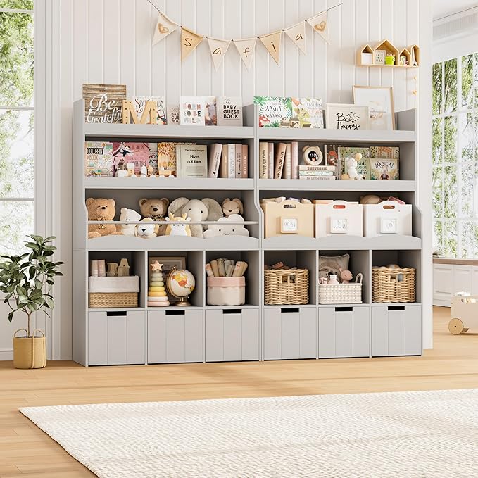 HITHOS 55.3" H Kids Bookshelf with Toy Storage Organizer, Tall Book Shelf with 3 Movable Toy Storage Bins, Large Kids Bookcase with Toy Chest, 39.2" W Modern Toys Box for Kid Room, Playroom, Gray