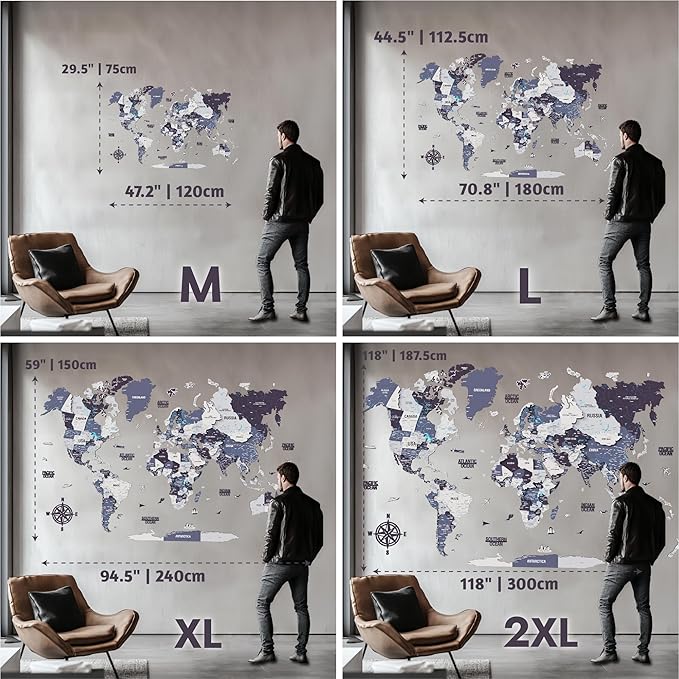 Colorfull Worlds 3D Wooden World Map Wall Art - Premium Multicolored World Travel Map for Wall Decor with Push Pins- Ideal Housewarming Gift & Travel Tracker (XXLarge, Crimson)
