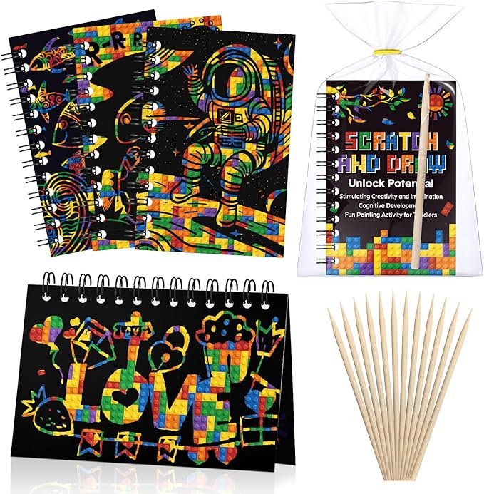 Pasimy 48 Set Scratch Art Party Favor Gifts for Kid Building Block Scratch Notebook Bulk Paper Craft for Girl Boy Classroom Prizes Goodie Bag Stuffer Christmas Birthday Party Favor