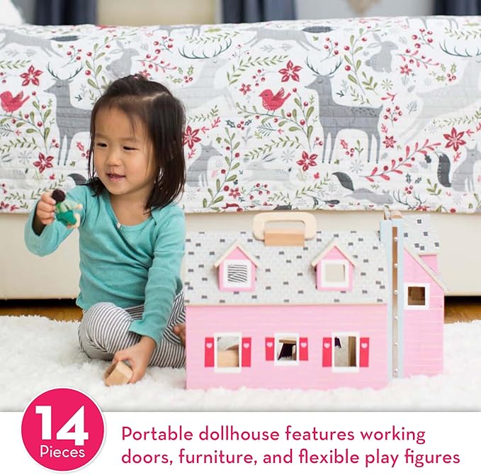 Melissa & Doug Fold and Go Wooden Dollhouse with 2 Dolls and Wooden Furniture,Multi,One Size