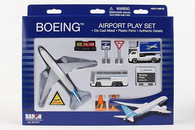 Daron Airport Playset – Boeing 787 – Die-Cast Metal Airplane Toy with Plastic Accessories and Vehicles for Kids Ages 3+