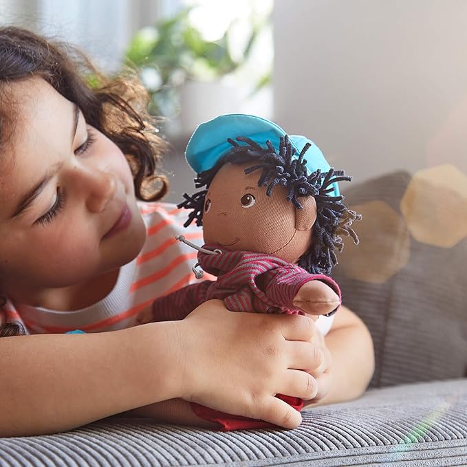 HABA William 12" Soft Doll - Black Baby Boy Doll (Machine Washable) Perfect Plush Toy for 18 Months & Up with Removable Clothing and Embroidered Face