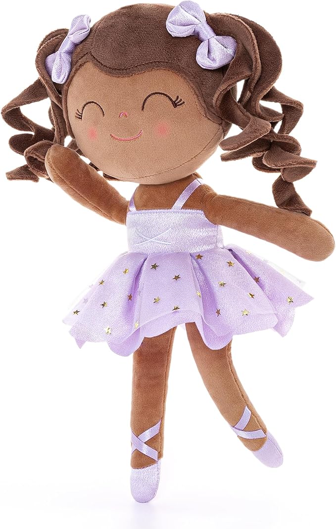 Gloveleya Baby Dolls Soft Snuggly Curly Hair Ballerina Doll First Baby Girl Gifts Plush Tanned Ballet Doll with Lace Mesh Dress Purple 14inches Ballerina Series