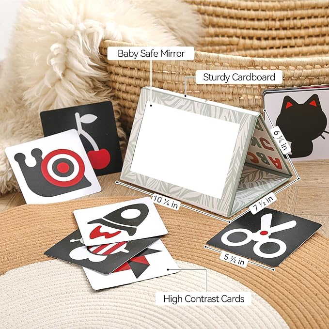 Foldable Tummy Time Play Set (Sturdy Cardboard), Large Baby Safe Mirror and Card Display Stand with 80 Pages High Contrast Cards, Alphabet and Animal Cognition