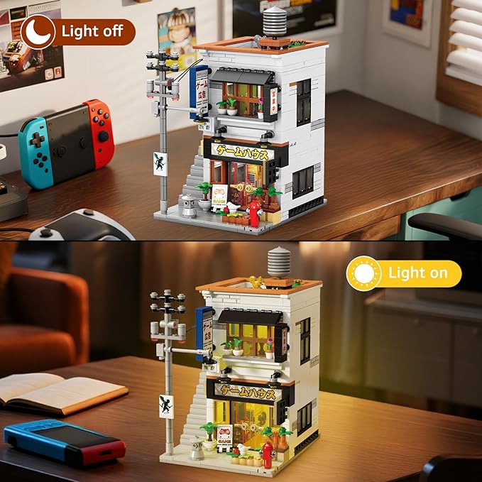 Reobrix Japanese Game Store Building Blocks 66503, Creative Japanese Toys Model Set, 2 in 1 Street View House with Lighting, Ideal Collectible Gift Choice for Adults 14+